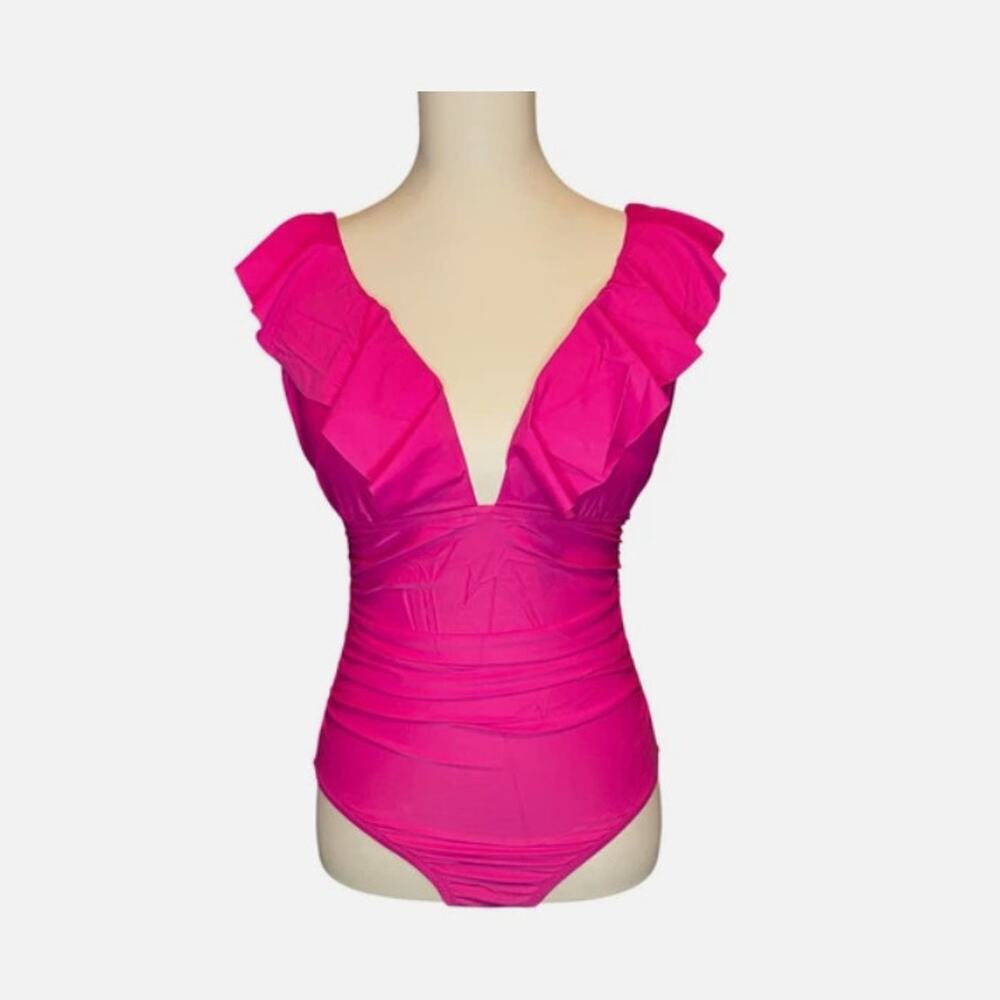 J Crew Womens 4 Pink Fuchsia One Piece V-Neck Ruffle Swimsuit Bathing Suit NWT